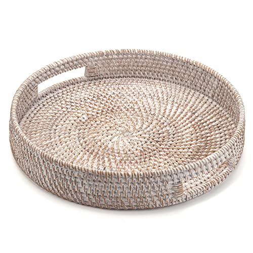 Coffee Table Tray Round Rattan Ottoman Tray Woven Serving Trays with Handles for Home and Kitchen Decorative White (Large 14 inch x 2.4 inch) - color: Whitewash, size: 14"
