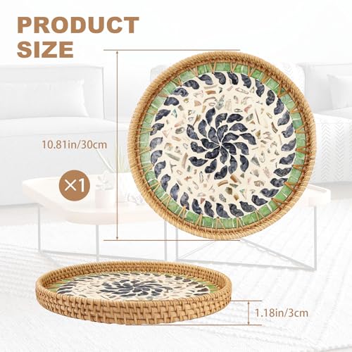 11.8" Decorative Round Rattan Tray with Mother of Pearl, Hand-Woven Wicker Serving Tray, Boho Rattan Basket Platter for Fruit Bread Coffee Counter Dessert Kitchen - color: Trumpet
