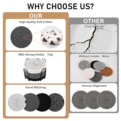 OIAHOMY 8 Pcs Coasters with Holder for Beer, Coffee, Woven Cotton Coaster Set for Table Decor for Kitchen, Bar, Dining Room, Living Room, Housewarming Gifts - Black - color: Black, size: 8Pcs
