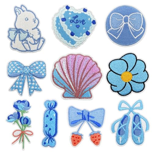 10 Pcs Blue Girly Iron On Patches, Kawaii Light Blue Random Embroidered Applique Patches, Clothes Backpacks Hats Pants Jackets Jeans Decoration for Girl, DIY Accessories - color: 10 Blue Girly