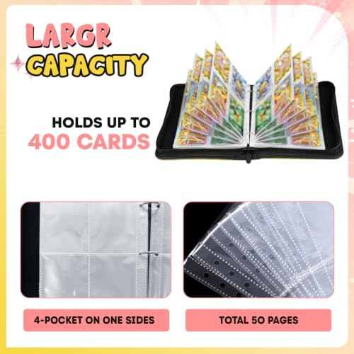 400 Cards Capacity Trading Card Binder, Card Holder with 50 Removable Sleeves, Double Sided 8-Pocket Pages Zipper Album with Wrist Strap for TCG, Sports & Game Cards, Gift for Boys and Girls - color: Light Pink