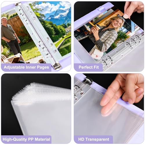 PU Leather A5 Binder, 5x7 Photo Sleeves with 60 Pockets, Secure Top Loading Pages, Refillable Adjustable Album for Keepsakes, Purple - color: Purple