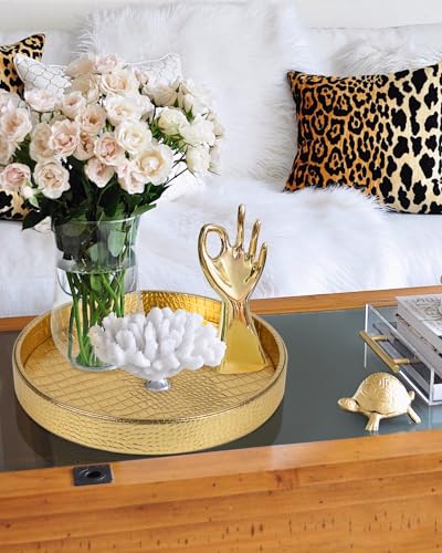 HofferRuffer Faux Leather Round Serving Tray, Vegan Croco Leather Decorative Tray, Food Tray for Storage Drinks, Snack & Cosmetics, Dia.12'' x 1.6'' (Gold) - color: Gold, size: 12"