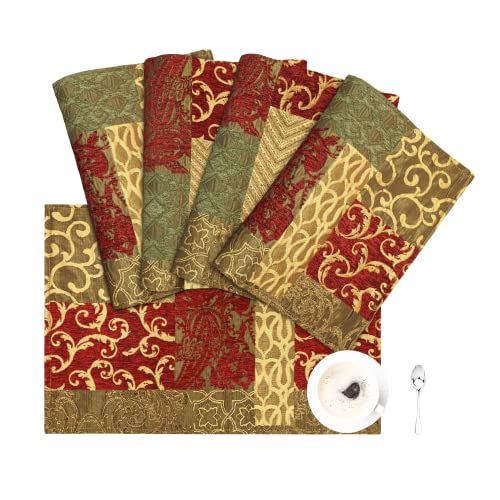 Loom and Mill Damask Patchwork Table Placemats Set of 4, Red Gold, 12x18in - color: Red Gold, size: 4 Piece-12x18 inch
