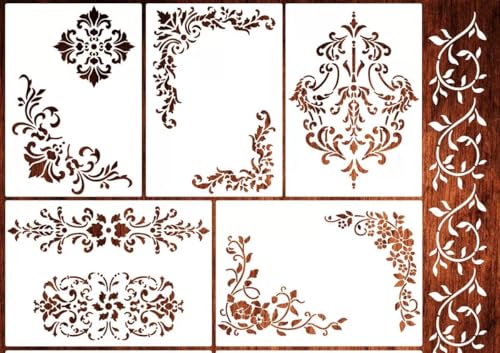 6Pcs White Wall Stencils for Painting, Vintage Floral Border Corner Stencil, Reusable Damask Paint Template for Wood Canvas Paper Fabric Floor DIY Art Craft
