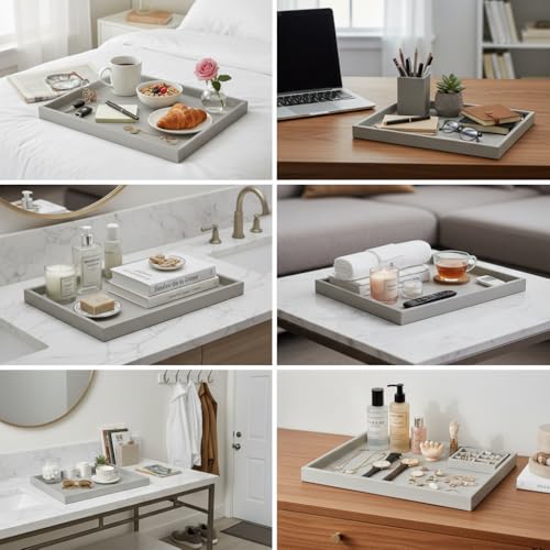 35 * 18 Inch Rectangular Ottoman Tray | Textured PU Leather, Waterproof & Heat-Resistant Storage for Coffee/Dining Tables, Sofa, Bed, Entertainment & Party (Tranquil Beige, 35 * 18in) - color: Tranquil Beige, size: 35" x 18" x 1.1"