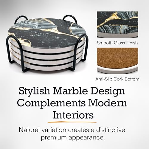 Elegant Black & Gold Marble Ceramic Coasters - Set of 4 with Black Metal Holder - Round Drink Coasters for Coffee, Tea, Whiskey, Wine - Stylish Home & Kitchen Decor - color: Black Gold, size: 4 Pack