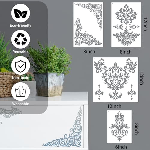 Large Damask Stencils for Painting Wall - 12 Pcs Textured Border Reusable Painting Template for Wooden Home Decoration, Textured Damask Plastic Drawing Templates for Wooden Wardrobe Wall Decorations - style: Damask