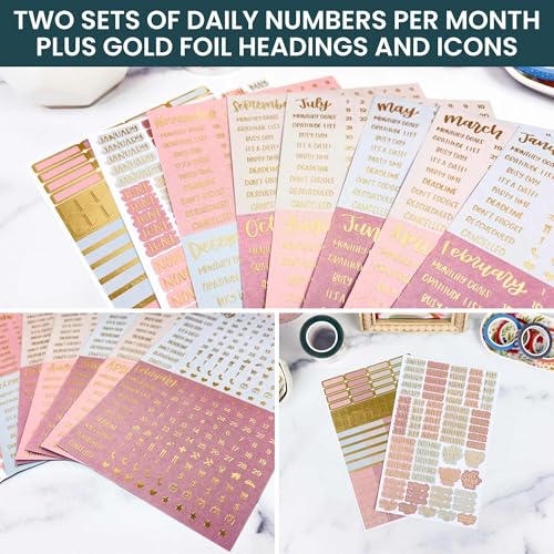 bloom daily planners Metallic Calendar Essentials Planner Stickers - 8 Sheets, 1629 Stickers Per Pack! - Aesthetic Monthly Headings, Dates, Icons, Etc. - Gold Foil, Jewel Tones - color: Gold Foil Jewel Tones