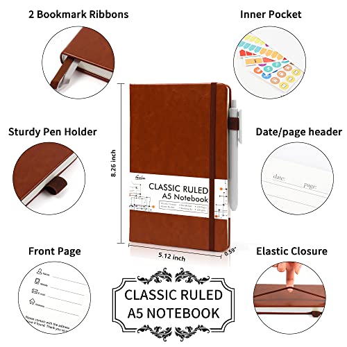 5 Pack Journal Notebook Bulk for School, Feela Hardcover Business Notebooks Classic Ruled Lined Journals with Pen Holder for Work Note Taking, with 5 Black Pens, 120 GSM, 5.1”x8.3”, A5, Brown - color: 5 Pack brown