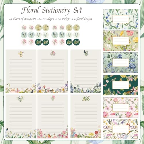 Thboxes Stationary Set Letter and Envelopes, 48 Letter Writing Paper with 24 Envelopes & 24 Stickers, Elegant Floral Stationery Set for Handwritten Letters Party Invitations