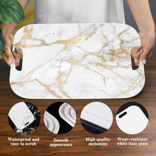 Serving Trays with Handles, 14.5 x 9.8 inch Rectangular Plastic Tray for Restaurant, Kitchen, Golden White Marble - color: Golden White Marble