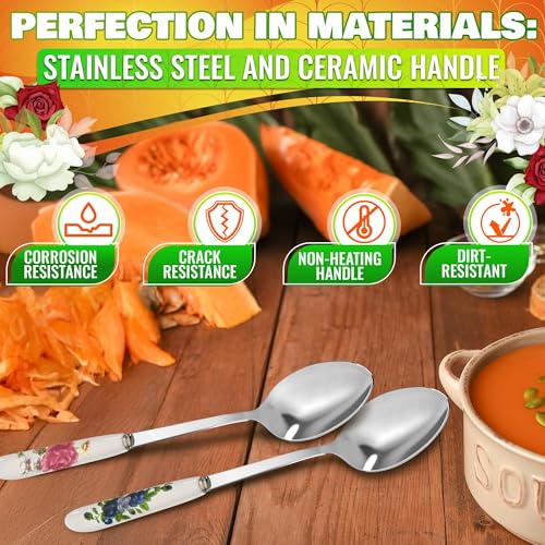 Tablespoons Set of 6, Ceramic Handle, Stainless Steel, Floral Design - color: 6 Pcs Floral Table Tablespoons Set
