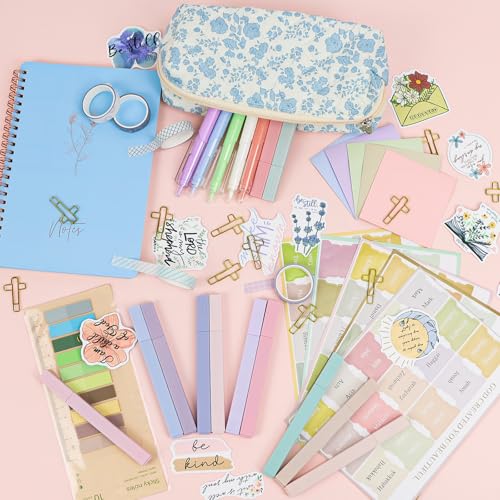 Bible Study Supplies Journaling Kit with Pen Cas, Tabs, Notebook and No Bleed Highlighter, Aesthetic Book Annotation Kit, Christian Gifts for Women Grils Friends（Blue Flower） - color: Blue Flower