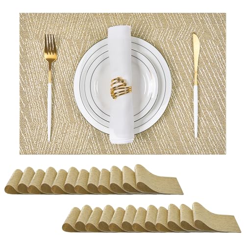 Leetaltree Gold Placemats Set of 24 - Heat Resistant Non-Slip Place mats for Dining Table, Washable Durable PVC Vinyl Woven Table Mats(Luxury Gold, 24) - color: D0- Gold Textured, size: Set of 24