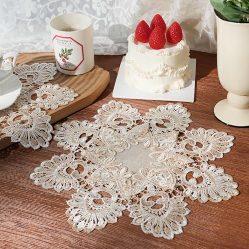 Phantomon 12 Inch Lace Placemats Embroidered Vintage Floral Beige Linen Lace Table Coasters, Decorative Drink Mats for Coffee, Tea & Dining Table, Set of 4
