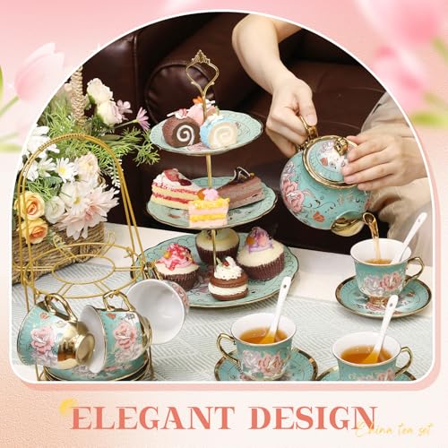 21 Pcs Porcelain Tea Set with 3 Tier Dessert Stand, Green, Summer - color: Green, style: Summer