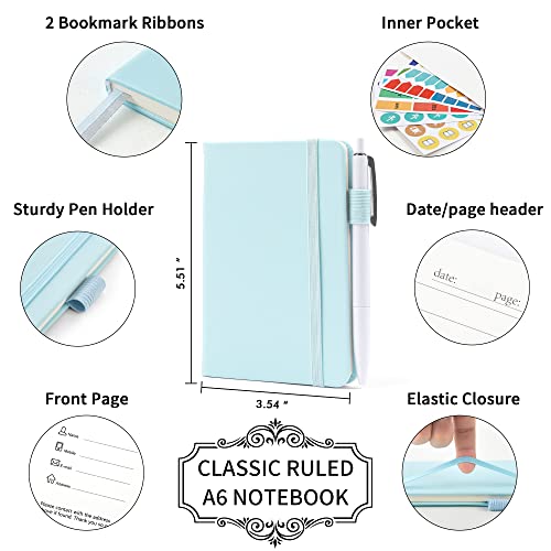 feela 3 Pack Pocket Small Notebook Journals, Mini Cute Memo Notepad Hardcover College Ruled Lined Journals with Pen Holder for Women Girls Office School, with 3 Black Pens, 3.5”x 5.5”, A6, Sky Blue - color: 3 Sky Blue
