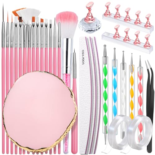 FANDAMEI Nail Design Tools, Nail Art Tools, Nail Brush, Nail Art Kit With Nail Stand, Nail Holder For Painting Nails, Nail Art Brushes, Nail Dotting Tool, Nail Art Palette, Nail Tools For Nail Art - color: Pink