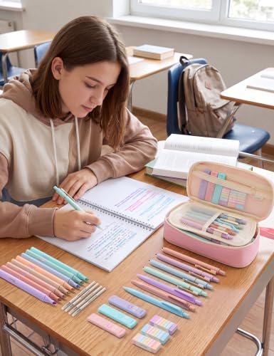 SUNEE Pencil Case with Supplies, 35PCS Aesthetic Stationery Set, Pink - color: Pink, style: 35 Pack