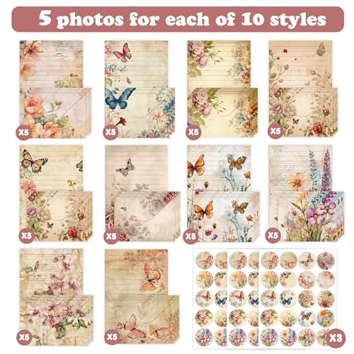 Stationery Paper Envelopes Set 160 Pcs - 50 Lined Writing Paper, 50 Envelopes, 60 Dot Stickers, Vintage/Floral/Leaf/Watercolor Multi-Style Options (STATIONERY-160PCS-VINTAGE) - style: Vintage Botanical
