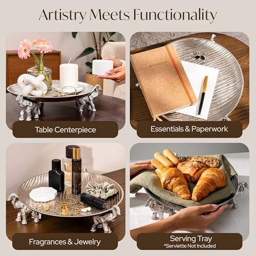 Silvery Tray with Elephant Stand - Round Decorative Aluminum Coffee Table - color: Silvery