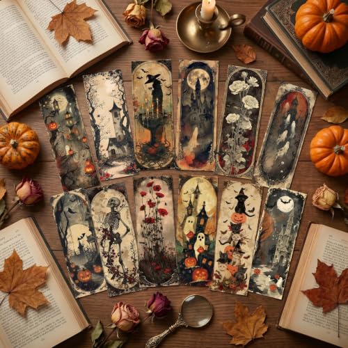 Vintage Halloween Bookmarks Gifts - 120 Pcs Retro Pumpkin Ghost Bookmark Paper Witch Black Cat Skull Bat Page Book Marks Spooky Favors for Women Men Office Book Lovers Holiday Party Supplies - color: Vintage Halloween
