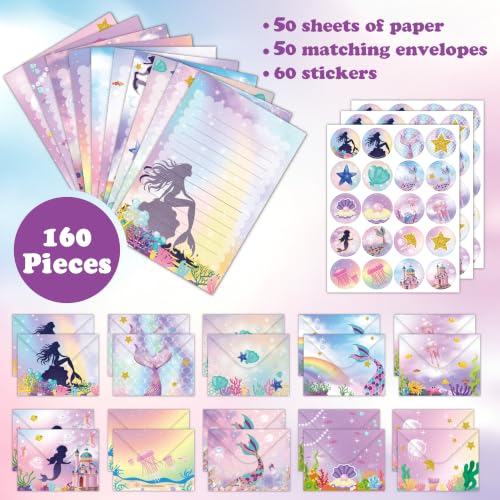 FUNCLASS 160 Pcs Mermaid Stationery Set Letter and Envelopes - color: Mermaid