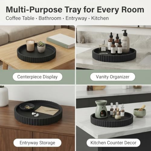 Round Solid Concrete Tray, Fluted Centerpiece for Coffee Table Decor 13" - color: Black