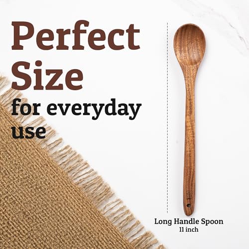PriorityChef Extra Long Wooden Spoon for Cooking - 11" Heavy Duty Teak Long Handle Cooking Spoon - Large Wooden Spoons for Stirring & Serving - Big Wood Spoons Safe for All Cookware