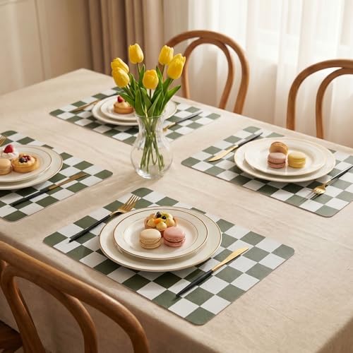 Set of 6 Checkerboard Non-Slip Washable Placemats for Dining Table - color: Olive Green