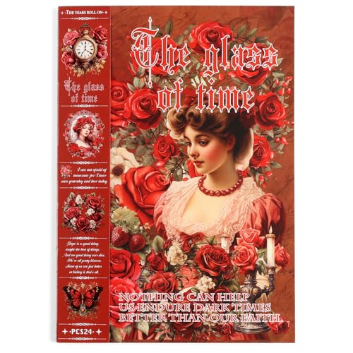 Vintage Ephemera Sticker 24 Sheets precut 300 washi Stickers Paper Journal Stickers for Adults People Scrapbook Stickers Scrapbooking Supplies - color: Red