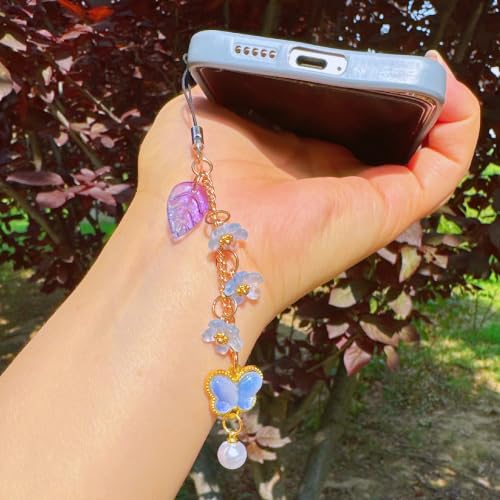 Phone Charms with Lily of the Valley & Butterfly Aesthetic Y2K Cell Phone Charms Strap Accessories for Bag Keychain Airpods Camera Pendants Decor for Women - color: Blue- Sakura