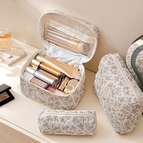 HBselect Quilted Makeup Bag, 3Pcs Cotton Large Travel Makeup Bags Organizer - color: A-3PCS-Floral 23