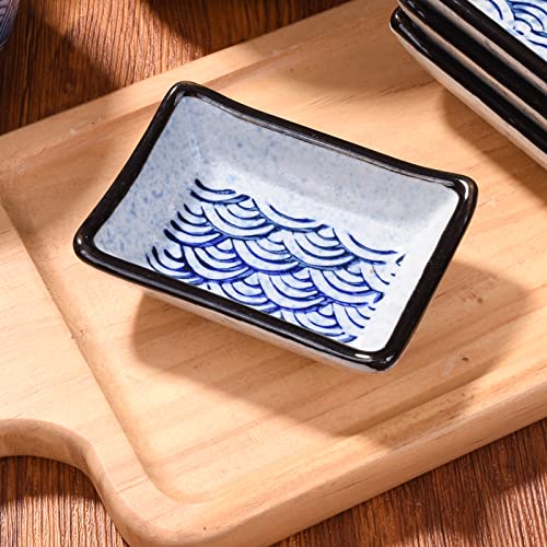 Ceramic Sauce Dish Set of 4, 3.5'' Rectangular Blue Wave Small Bowls