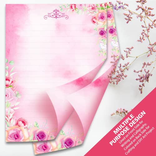 Anzon Mories 72 Pieces Cute Stationary Writing Paper and Envelope Set (2 Sides Colored, 1 Side Lined) 48 Sheets, 24 Pcs Envelopes, Flower Letter Stationery Floral Decoration (Inches, 5.5 x 7.5)
