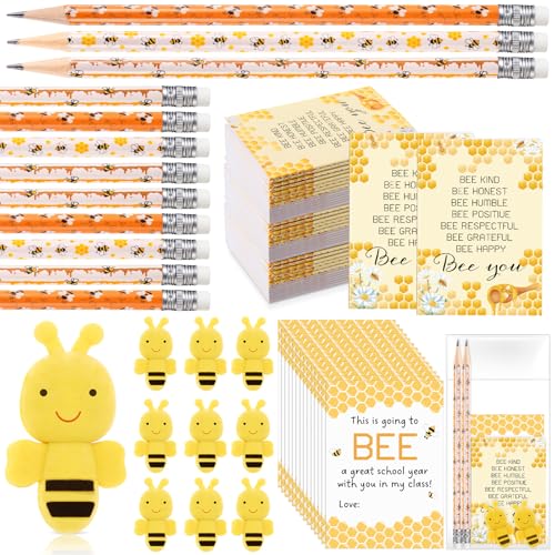 Fuyoooo 36 Sets Bee Party Favor Bulk Inspirational Notepads Pencil Mini Erasers Greeting Card Bee Themed Classroom Decor Party Supplies School (Cute)