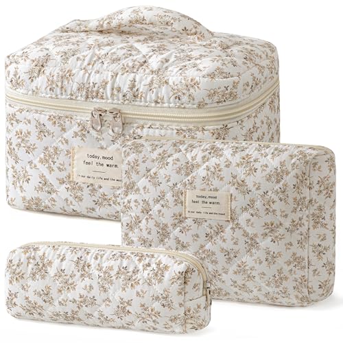 HBselect Quilted Makeup Bag, 3Pcs Cotton Large Travel Makeup Bags Organizer - color: A-3PCS-Floral 23