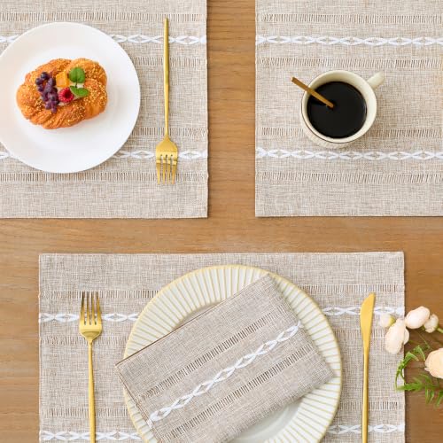 Wracra Cotton Linen Place Mats, Brown Embroidered Placemats Set of 4 - color: Hemstitched Brown, size: Placemats(Set of 4)
