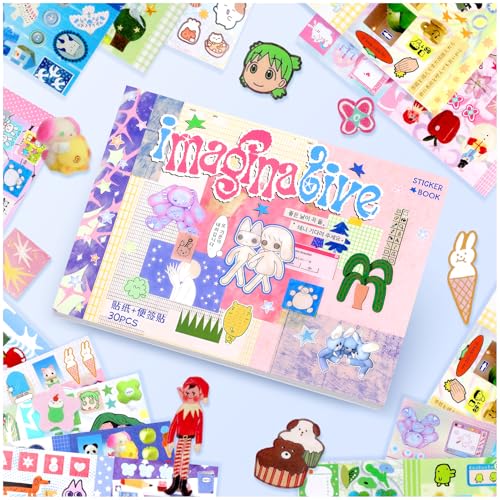 Tmtains 30 Sheets Kawaii Japanese Sticker Book Manga Books Style Writable Note Sticker Glitter Sand Aesthetic Japanese Korean Stickers Book for Adults Scrapbooking Notebook Supplies (Wonderful Ideas) - color: B-purple