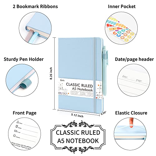 feela 24 Pack Journal Notebook for Work, Business Notebook Bulk Hardcover Lined Writing Journal with Pen Holder for Men Women Note Taking, with 24 Black Pens, 120 GSM, 5.1”x8.3”, A5, Light Blue - color: 24 Pack light blue