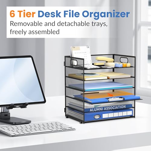 Daltack 6-Tier Paper Organizer for Desk with Handle, Black - color: Black