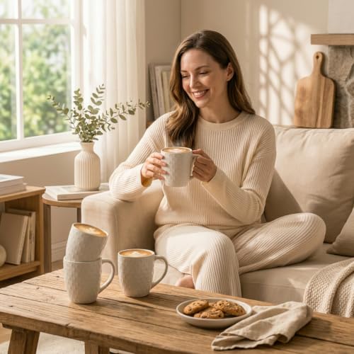 14 oz Ceramic Coffee Mugs Set of 4, White Stoneware Cups with Handle - color: Embossed-4PCS