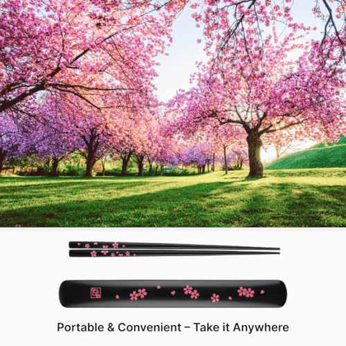 Portable Bamboo Chopsticks with Case – Reusable Travel Chopsticks Utensil Set, Dishwasher Safe, Sakura Pattern, Made in Japan - color: Black