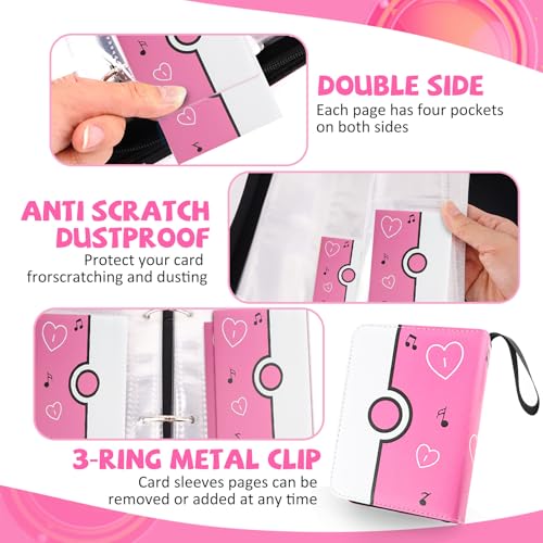 Collectible Trading Card Binder, 400 Pockets Card Holder with 50 Removable Sleeves, Portable Collection Binder Album Book Case Storage, Zipper Card Protective Sleeves for TCG, Sports Card - color: Sweet Pink
