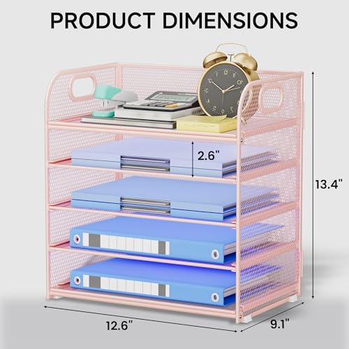 5-Tier Stackable Paper Organizer with Handle, Pink - color: Pink, size: 12.6" x 9.1" x 13.4"