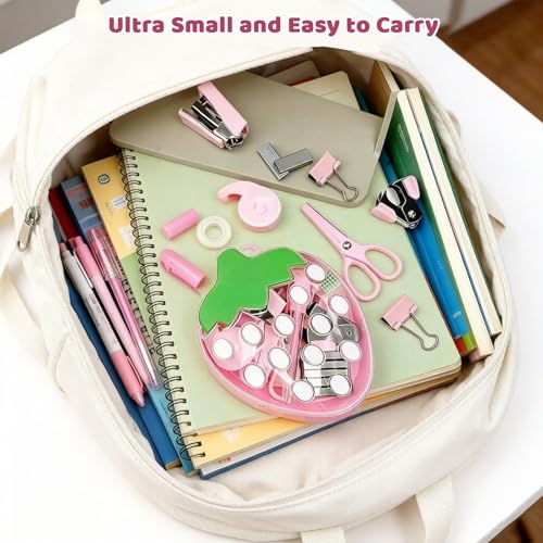 Strawberry Mini Office Supply Kit, Pink, with Stapler, Tape Dispenser, Scissors, Hole Punch, Binder Clips, Sticky Notes and Staples