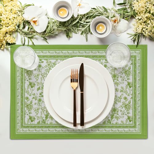 Green Floral Placemats Set of 4 Chinoiserie Boho Flowers Linen Fabric Rectangle Table Mat 12x18 Inch Washable Heat Resistant Outdoor Seasonal for Kitchen and Dining Table Decor - color: Green Leaf