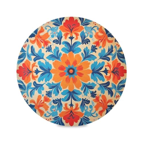 Orange and Blue Flower Round Placemats Washable ‌Heat Resistant‌ ‌Non-Slip Place Mats Table Place Mat for Kitchen Dining Set of 4 - color: Orange and Blue Flower, size: 15.4x15.4inx4