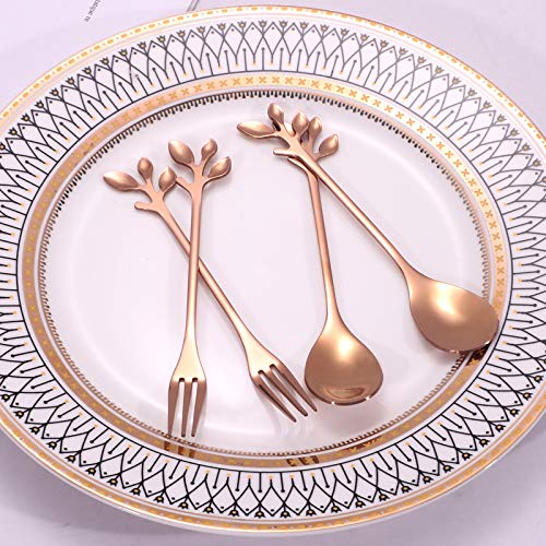 AnSaw 10-Pc Rose Gold Mini Spoons & Forks Set, 4.7" - Leaf Handle - color: Rose Gold